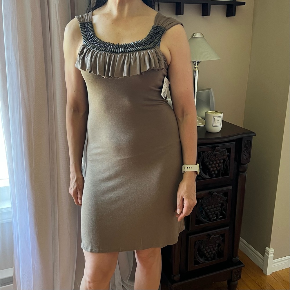 NWT Taupe Sleeveless Resort Dress with Neckline Wooden Bead Detail